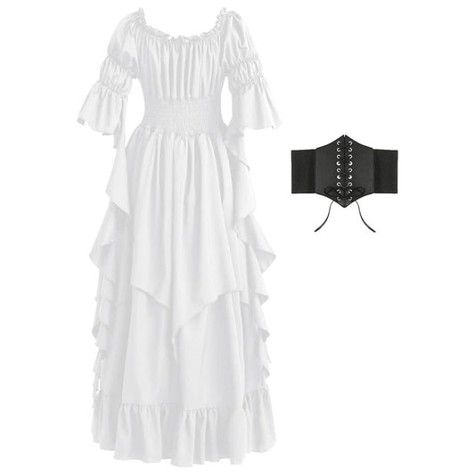 Renaissance Dress Women Gothic Witch Dress Medieval Ruffle Victorian High Low Dress Costume Set with Corset Belt