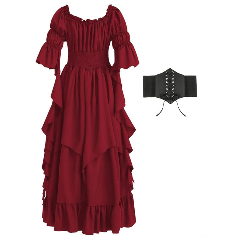 Renaissance Dress Women Gothic Witch Dress Medieval Ruffle Victorian High Low Dress Costume Set with Corset Belt