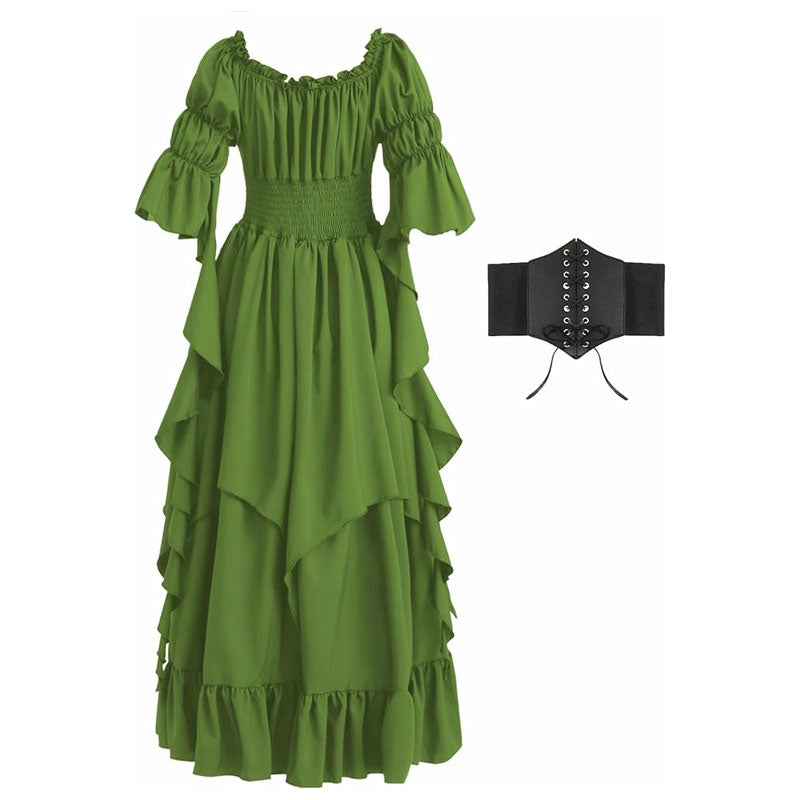 Renaissance Dress Women Gothic Witch Dress Medieval Ruffle Victorian High Low Dress Costume Set with Corset Belt