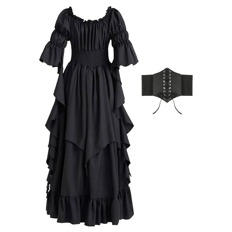 Renaissance Dress Women Gothic Witch Dress Medieval Ruffle Victorian High Low Dress Costume Set with Corset Belt