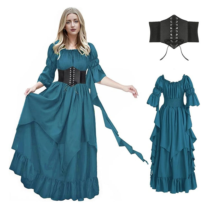 Renaissance Dress Women Gothic Witch Dress Medieval Ruffle Victorian High Low Dress Costume Set with Corset Belt