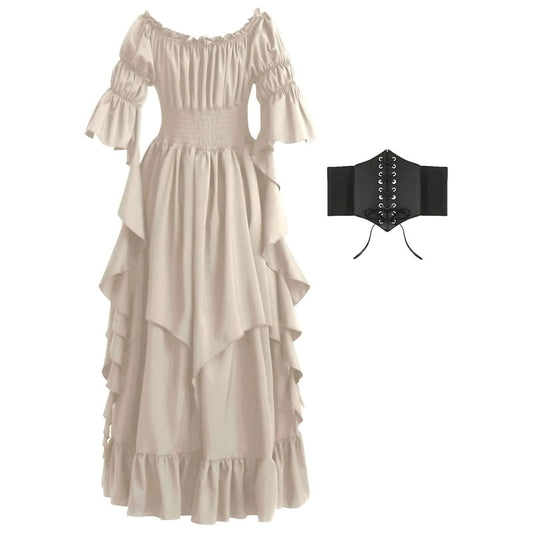 Renaissance Dress Women Gothic Witch Dress Medieval Ruffle Victorian High Low Dress Costume Set with Corset Belt